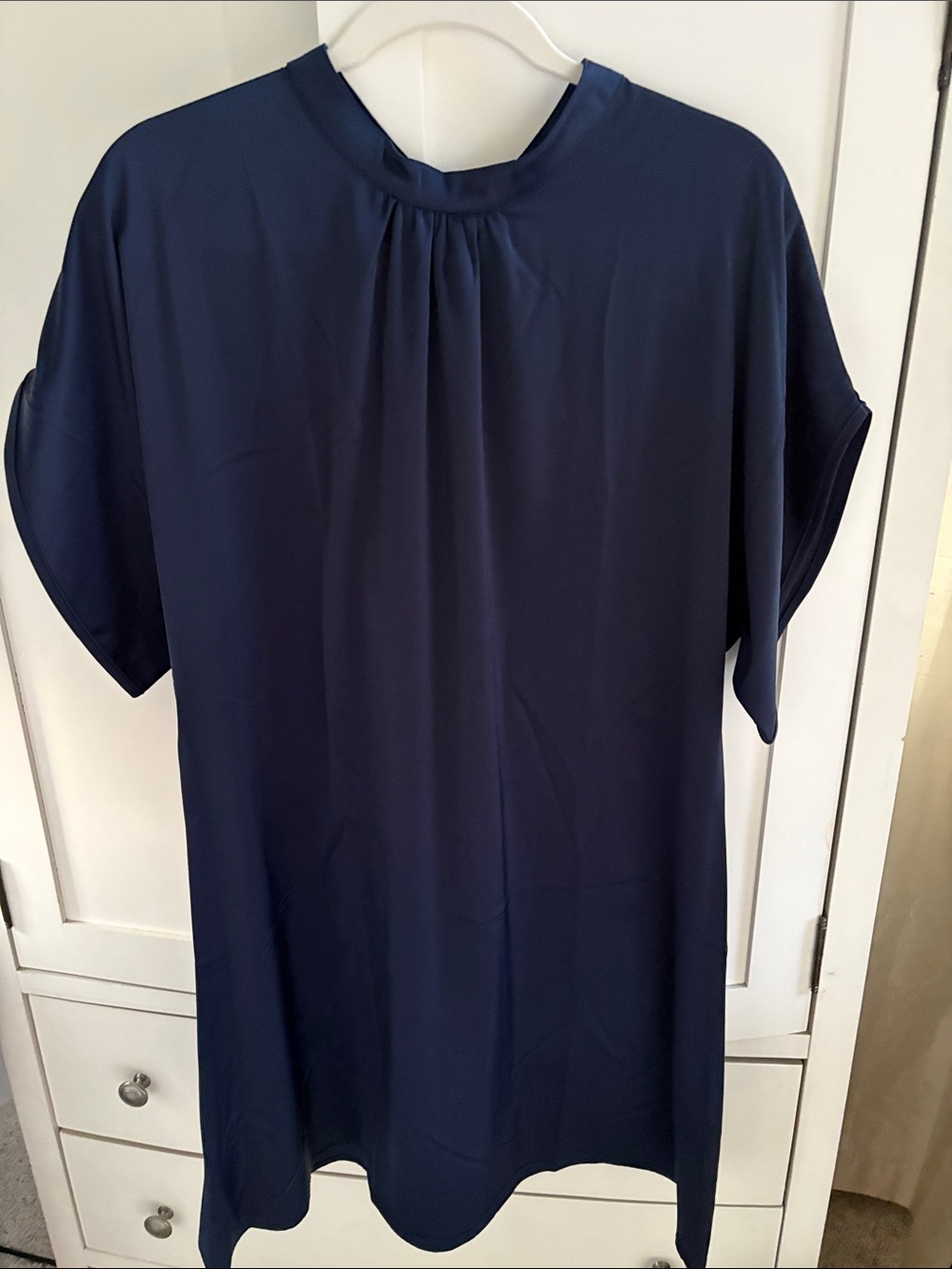 Navy Short Sleeve Shift Dress Silky fabric XL EUC